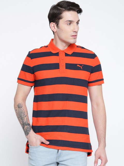 

Puma Men Orange & Navy ESS Striped Pique Polo T-shirt