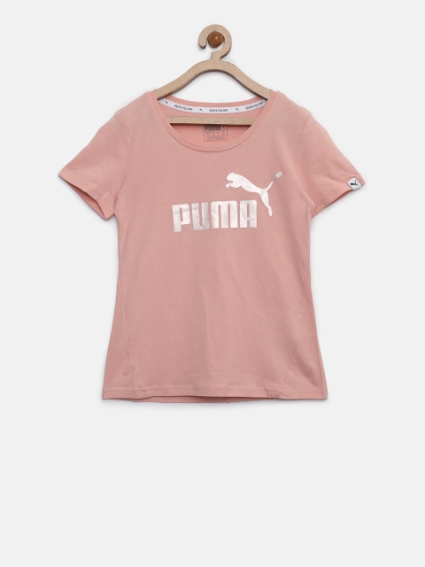 

Puma Girls Peach-Coloured Style ESS Logo Printed Round Neck T-shirt