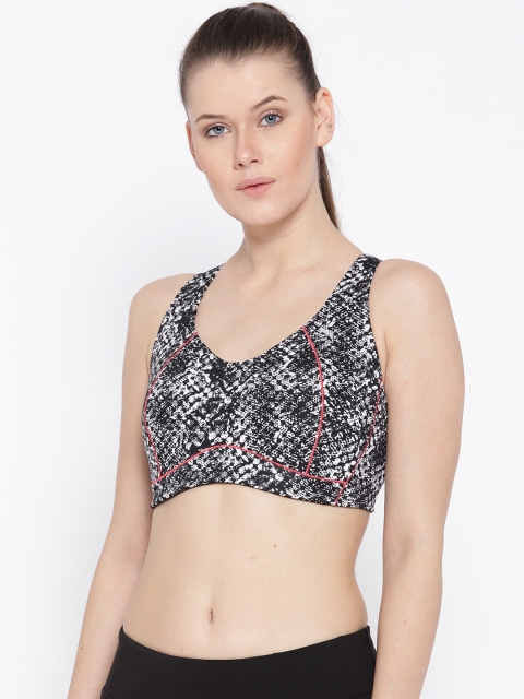 

Puma Black & White Printed Lightly Padded PWRRUN BRA - Graphic Sports Bra