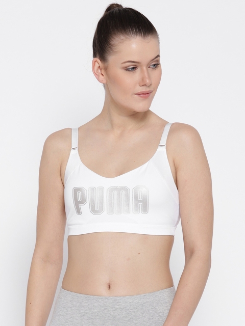 

Puma White Printed Lightly Padded En Pointe Logo Bra Sports Bra