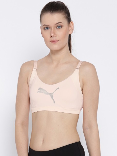 

Puma Peach-Coloured Printed Lightly Padded En Pointe Logo Bra Sports Bra