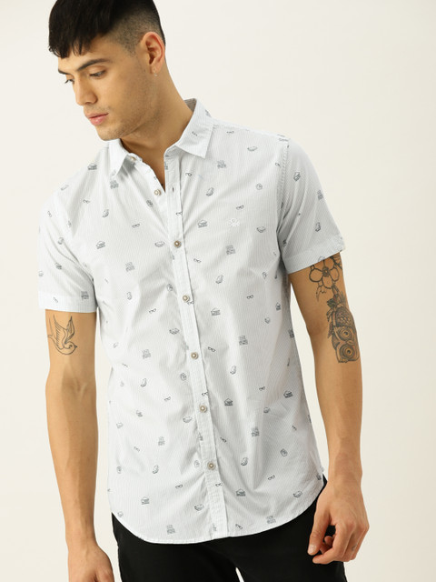 

United Colors of Benetton Men Off-White & Green Slim Fit Printed Casual Shirt