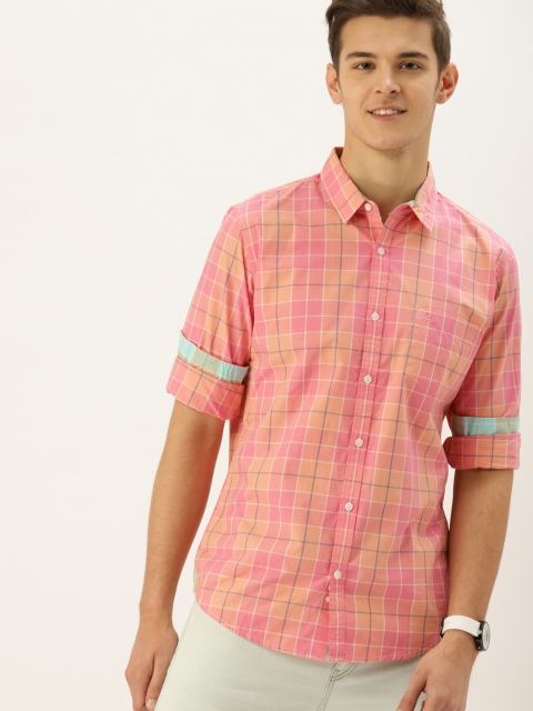 

United Colors of Benetton Men Pink & Peach-Coloured Slim Fit Checked Casual Shirt