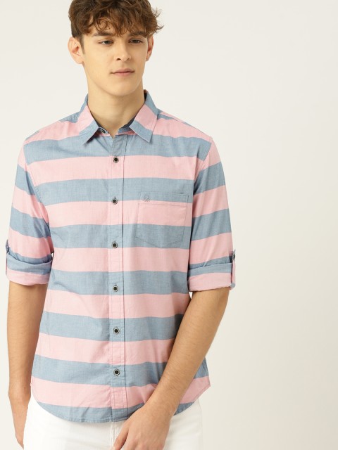 

United Colors of Benetton Men Pink & Blue Slim Fit Striped Casual Shirt