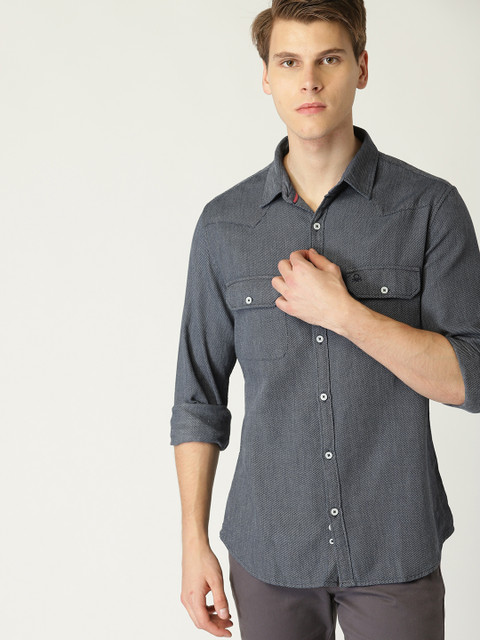 

United Colors of Benetton Men Navy Blue Slim Fit Self Design Casual Shirt