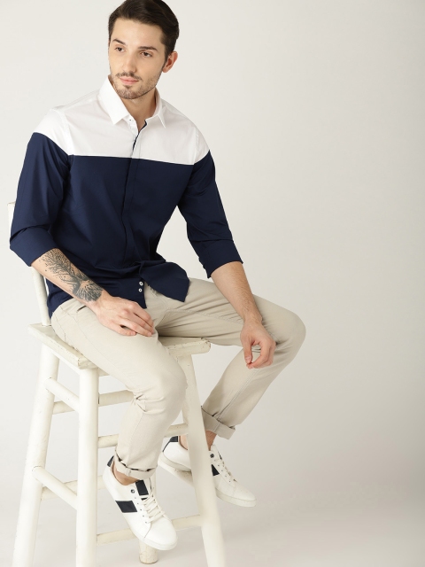 United Colors of Benetton Men Navy Blue & White Colourblocked Casual Shirt