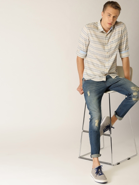 

United Colors of Benetton Men Beige & Blue Slim Fit Striped Casual Shirt