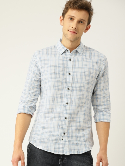 

United Colors of Benetton Men White & Blue Slim Fit Checked Casual Shirt
