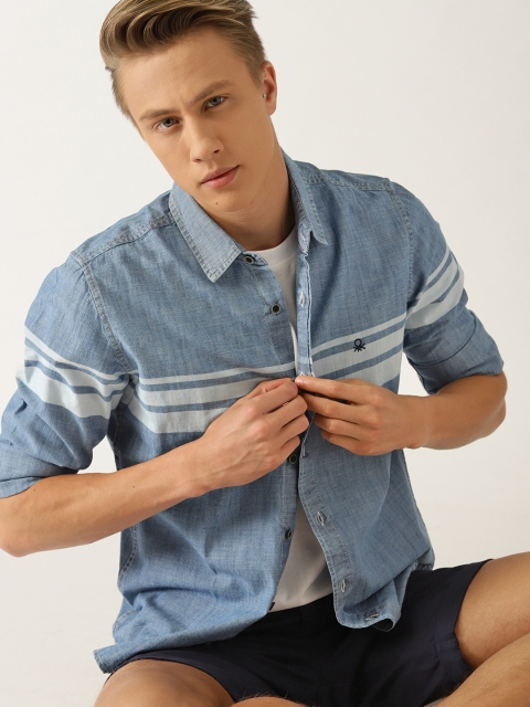 

United Colors of Benetton Men Blue Chambray Slim Fit Solid Casual Shirt