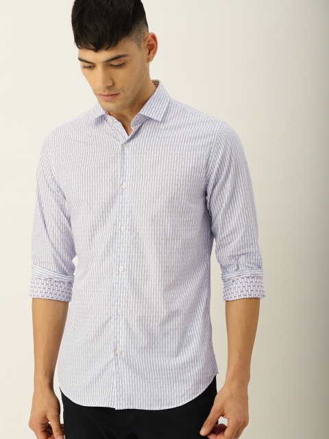 

United Colors of Benetton Men White & Blue Slim Fit Striped Casual Shirt