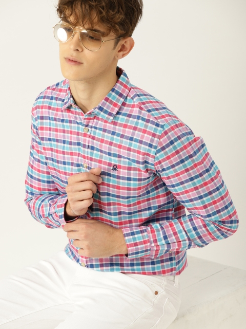 

United Colors of Benetton Men Pink & Blue Slim Fit Checked Casual Shirt