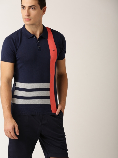 

United Colors of Benetton Men Navy Blue Striped Polo Collar T-shirt