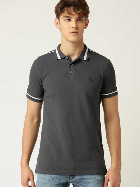 

United Colors of Benetton Men Charcoal Grey Solid Polo Collar T-shirt