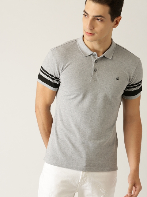 United Colors of Benetton Men Grey Melange Solid Polo Collar T-shirt