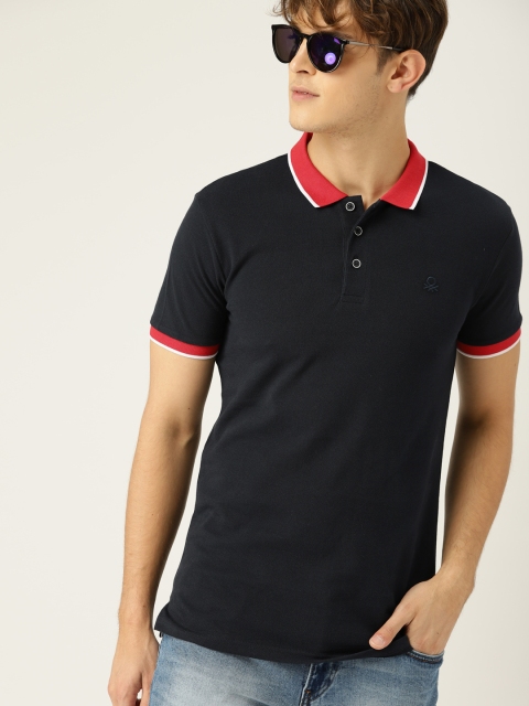 

United Colors of Benetton Men Navy Blue Solid Polo Collar T-shirt