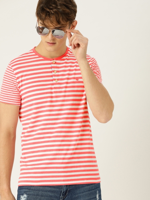 

United Colors of Benetton Men Coral Pink & White Striped Henley Neck T-shirt
