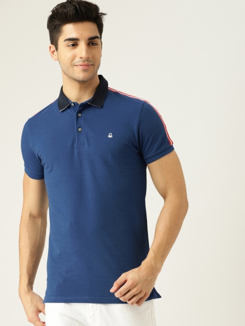 

United Colors of Benetton Men Blue Solid SHOULDER TAPE Polo Collar T-shirt