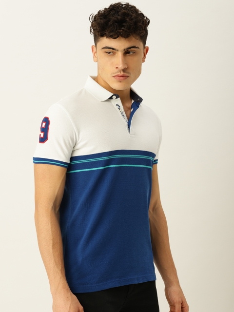 

United Colors of Benetton Men White & Blue Colourblocked Polo T-shirt