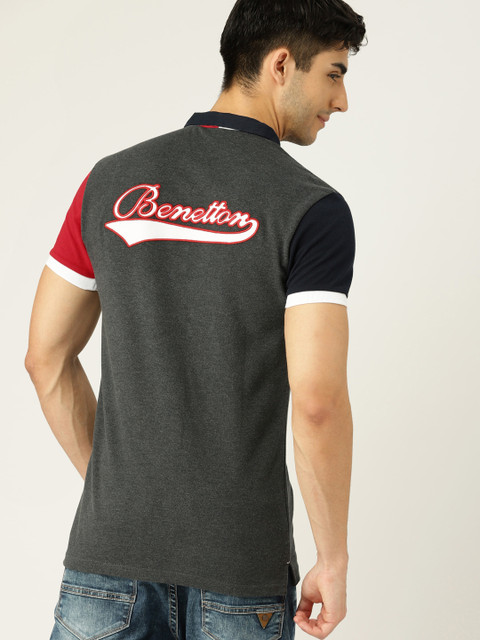 

United Colors of Benetton Men Charcoal Grey Solid Polo Collar T-shirt
