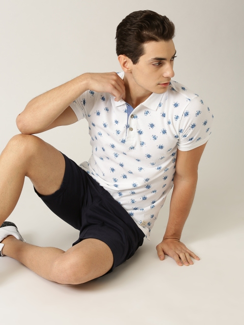 

United Colors of Benetton Men White & Blue Floral Print Polo Collar T-shirt
