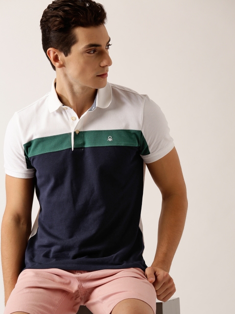 

United Colors of Benetton Men Navy Blue & White Colourblocked Polo Collar T-shirt