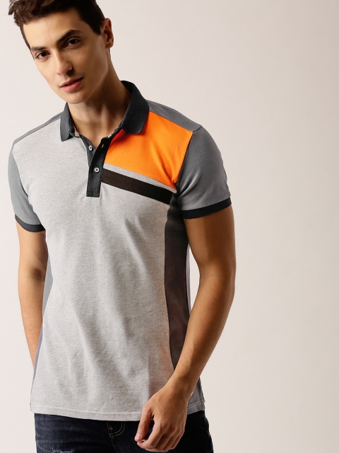 

United Colors of Benetton Men Grey Melange Colourblocked Polo Collar T-shirt
