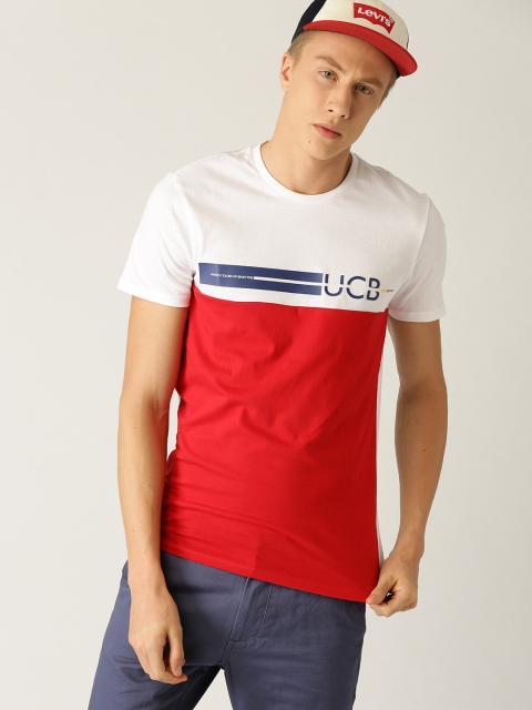 United Colors of Benetton Men White & Red Colourblocked Round Neck T-shirt