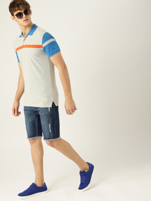 

United Colors of Benetton Men Grey BIRDS EYE STRIPED Polo Collar T-shirt