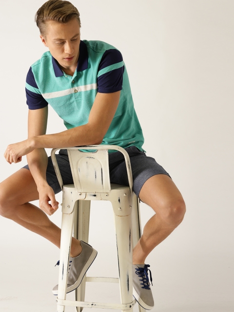 

United Colors of Benetton Men Sea Green Striped Detail Polo Collar T-shirt