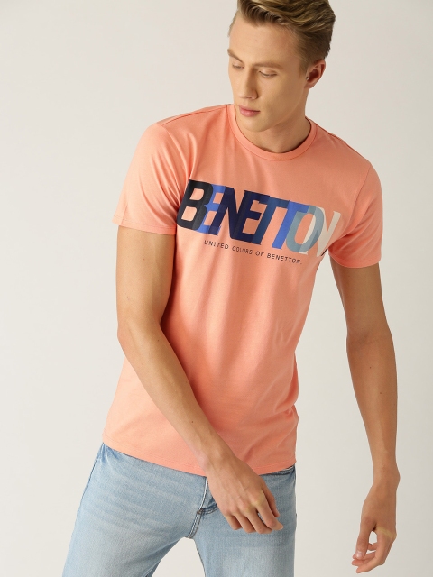 

United Colors of Benetton Men Peach-Coloured Brand Print Round Neck T-shirt