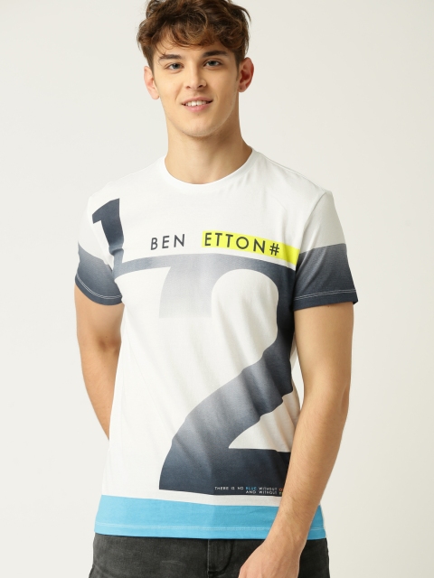 

United Colors of Benetton Men White & Blue Printed Round Neck T-shirt