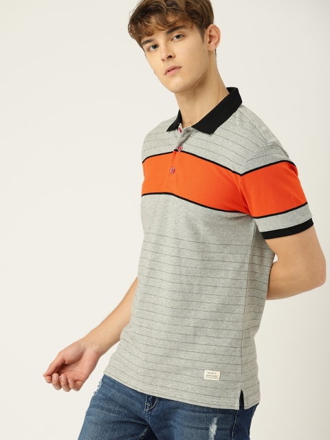 

United Colors of Benetton Men Grey BOLD COLOR BLOCK Striped Polo Collar T-shirt