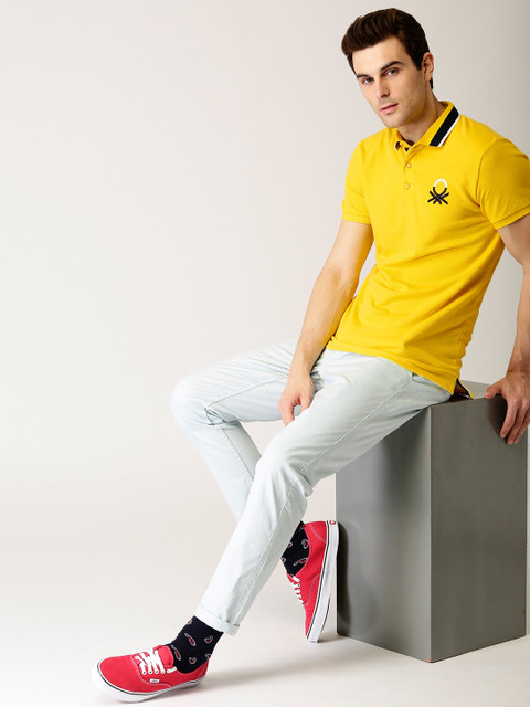 

United Colors of Benetton Men Yellow Solid Polo Collar T-shirt