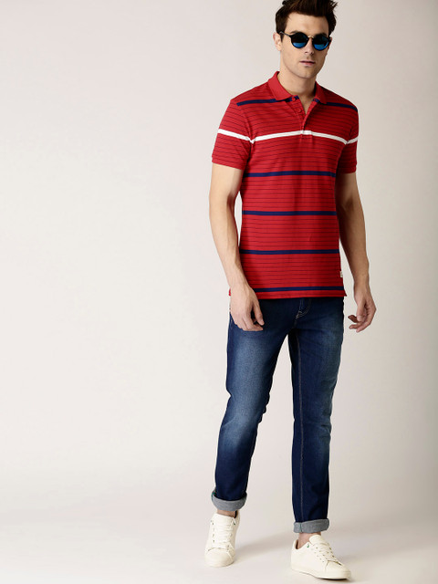 

United Colors of Benetton Men Red & Navy Blue Striped Polo Collar T-shirt