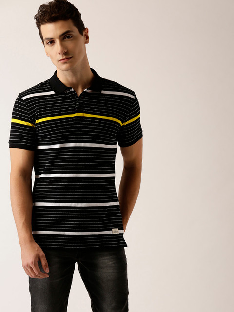 

United Colors of Benetton Men Black & White Striped Polo Collar T-shirt
