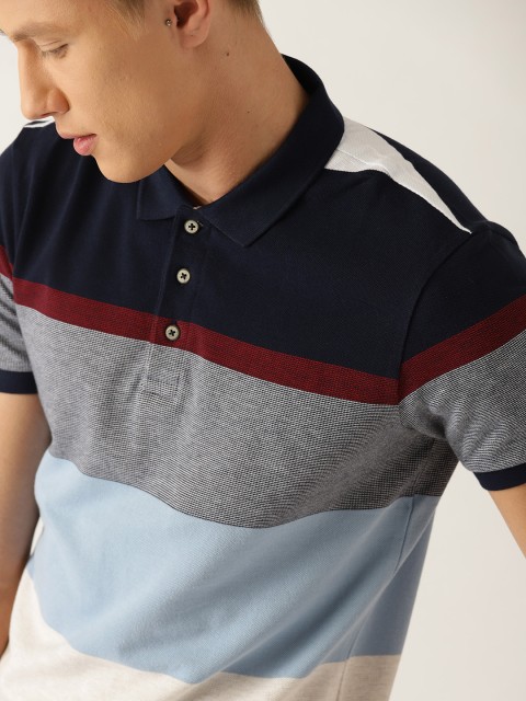 

United Colors of Benetton Men Blue & Beige Striped Polo Collar T-shirt