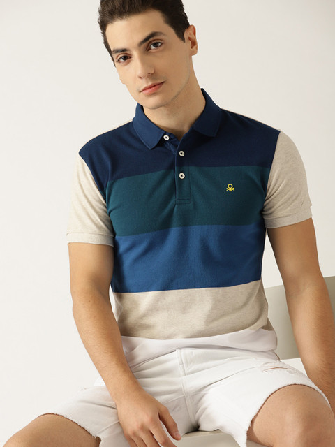 

United Colors of Benetton Men Blue & Beige Striped Polo Collar T-shirt