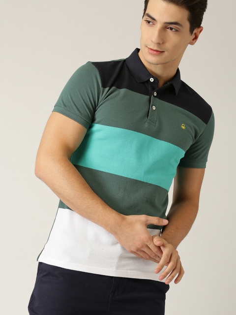 

United Colors of Benetton Men Green Striped Polo Collar T-shirt