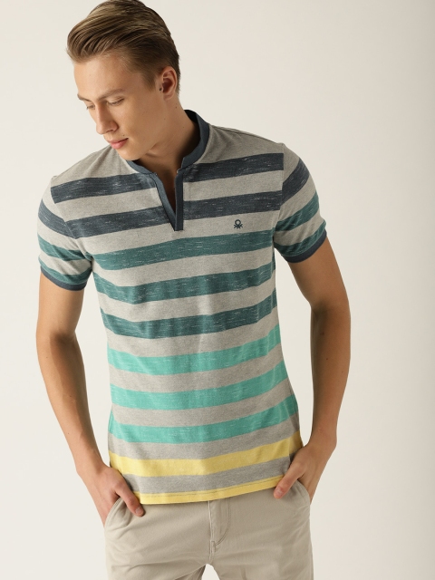 

United Colors of Benetton Men Grey Melange Striped Mandarin Collar T-shirt