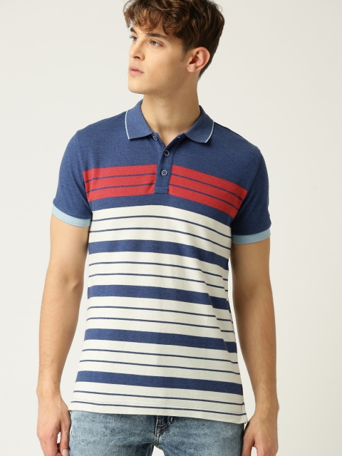 

United Colors of Benetton Men Blue & Off-White Striped Polo Collar T-shirt