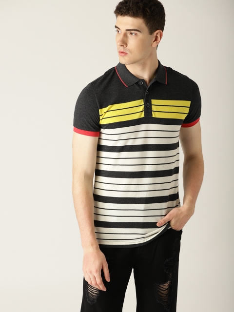 

United Colors of Benetton Men Charcoal Grey & White Striped Polo Collar T-shirt