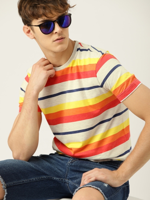 

United Colors of Benetton Men Coral Pink & Grey Striped Round Neck T-shirt