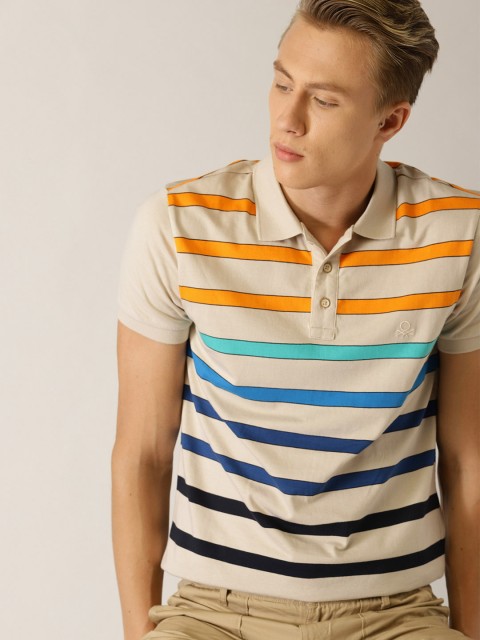 

United Colors of Benetton Men Beige Blue Striped Polo Collar Pure Cotton T-shirt