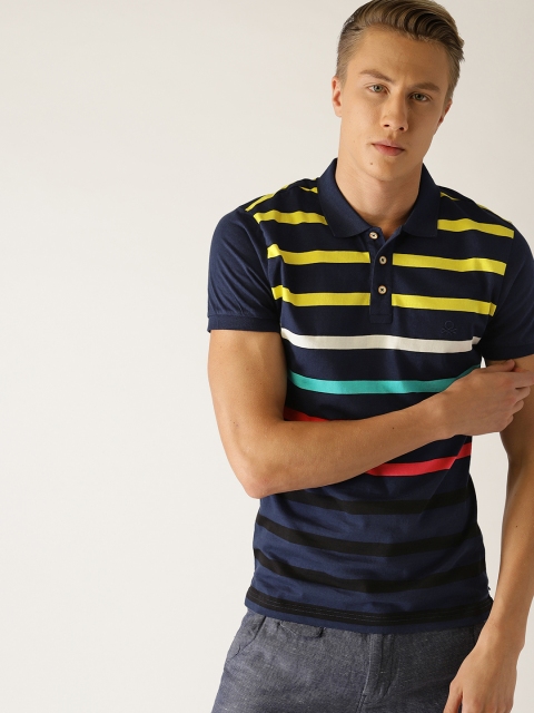 

United Colors of Benetton Men Navy & Yellow Striped Polo Collar T-shirt, Navy blue