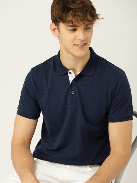 

United Colors of Benetton Men Navy Striped Polo Collar T-shirt, Navy blue