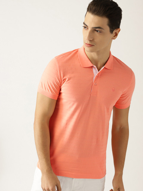 

United Colors of Benetton Men Peach-Coloured Self-Striped Polo Collar T-shirt