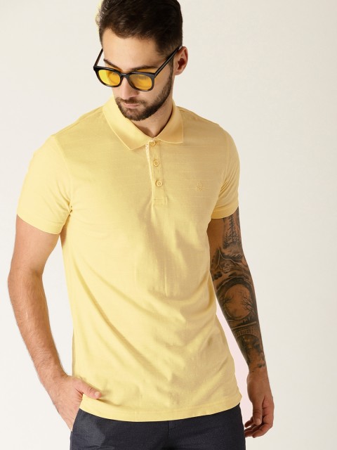

United Colors of Benetton Men Yellow Self-Striped Polo Collar T-shirt