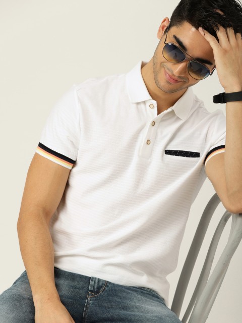 

United Colors of Benetton Men White Striped Polo Collar T-shirt
