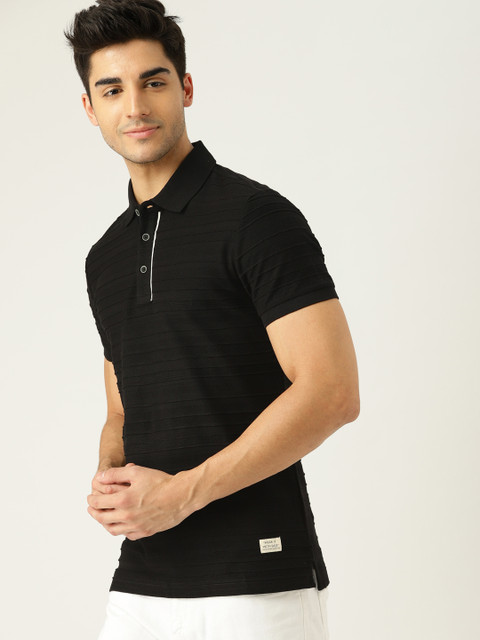 

United Colors of Benetton Men Black Self DesignREVERSE JACQUARD Polo Collar T-shirt
