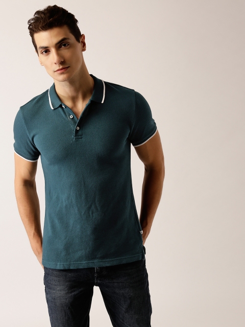 

United Colors of Benetton Men Teal Blue Solid Polo Collar T-shirt